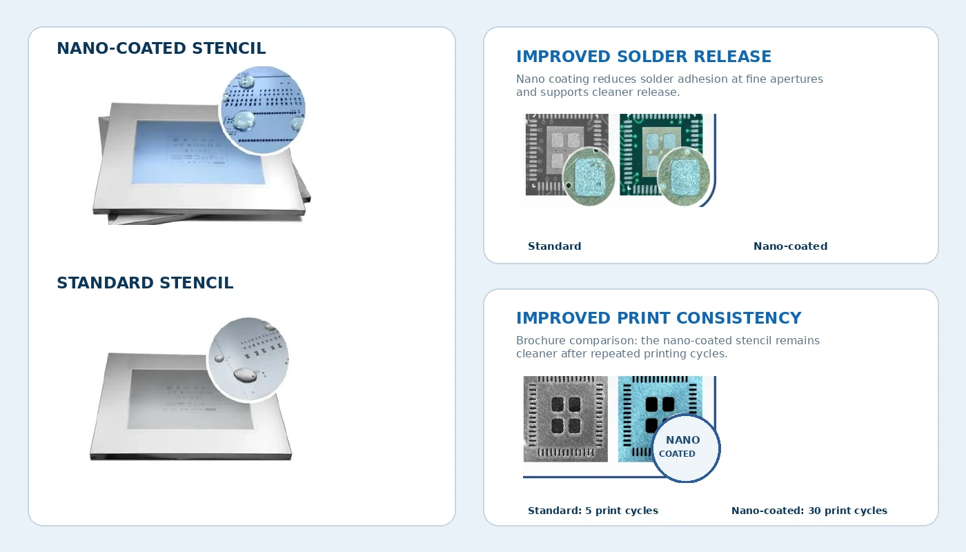English presentation graphic comparing nano-coated and standard SMT stencils